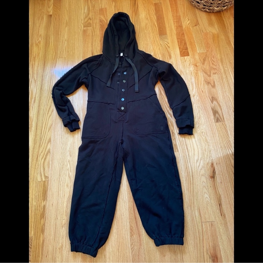 Free People FP Movement Current Mood Onesie Black Distressed Sweatsuit - XS